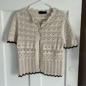 Zara Cream Openwork Short-Sleeve Cardigan with Black Trim